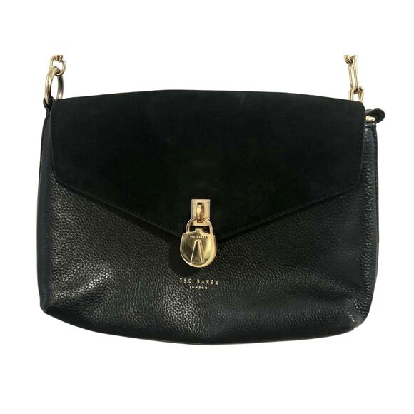 Ted Baker London Miliaa Black Leather & Suede Shoulder Bag Gold Chain Lock EUC!! - Picture 3 of 6